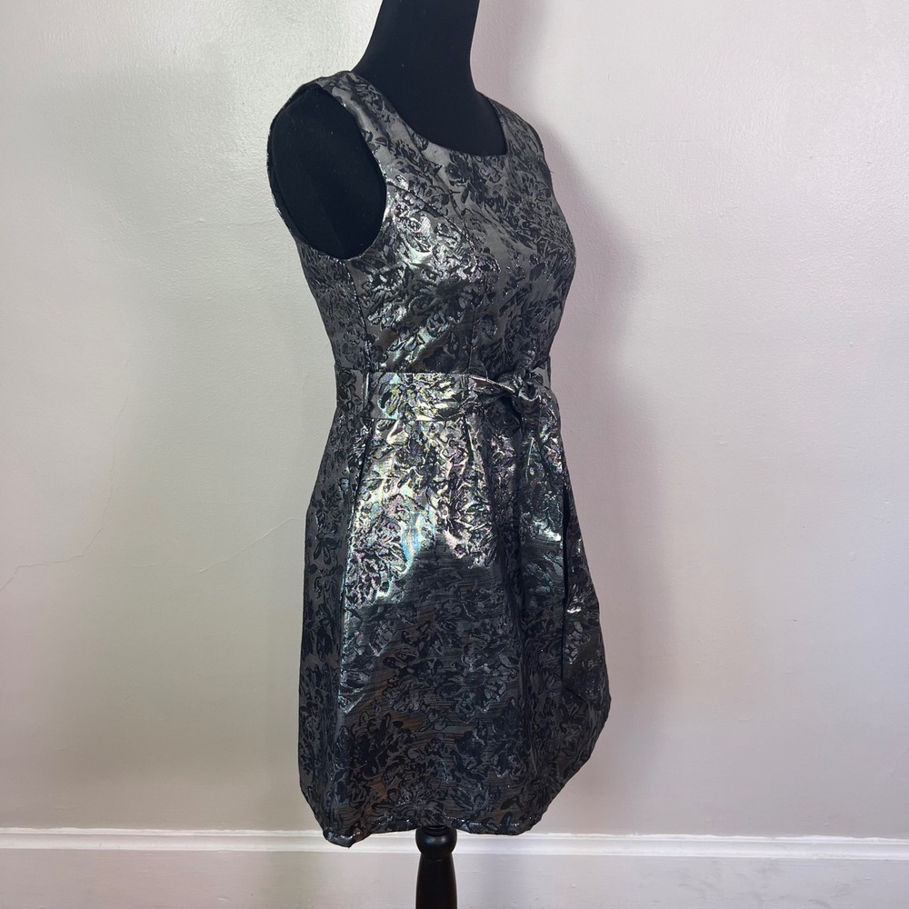 YA Los Angeles Floral Brocade Fit Flare Dress S Silver Metallic Cocktail Party - Picture 7 of 10